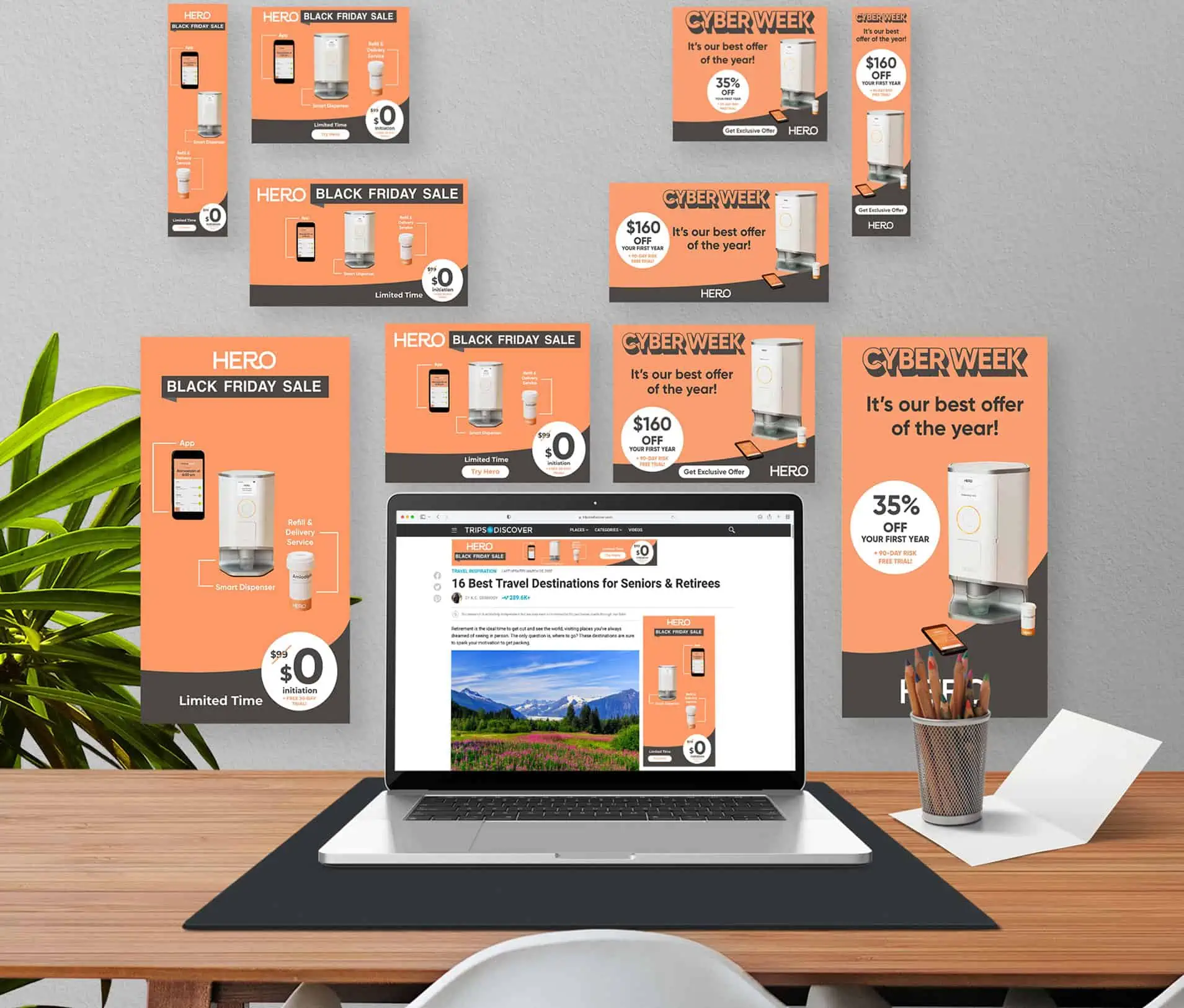 an image of cyber week banners around a laptop