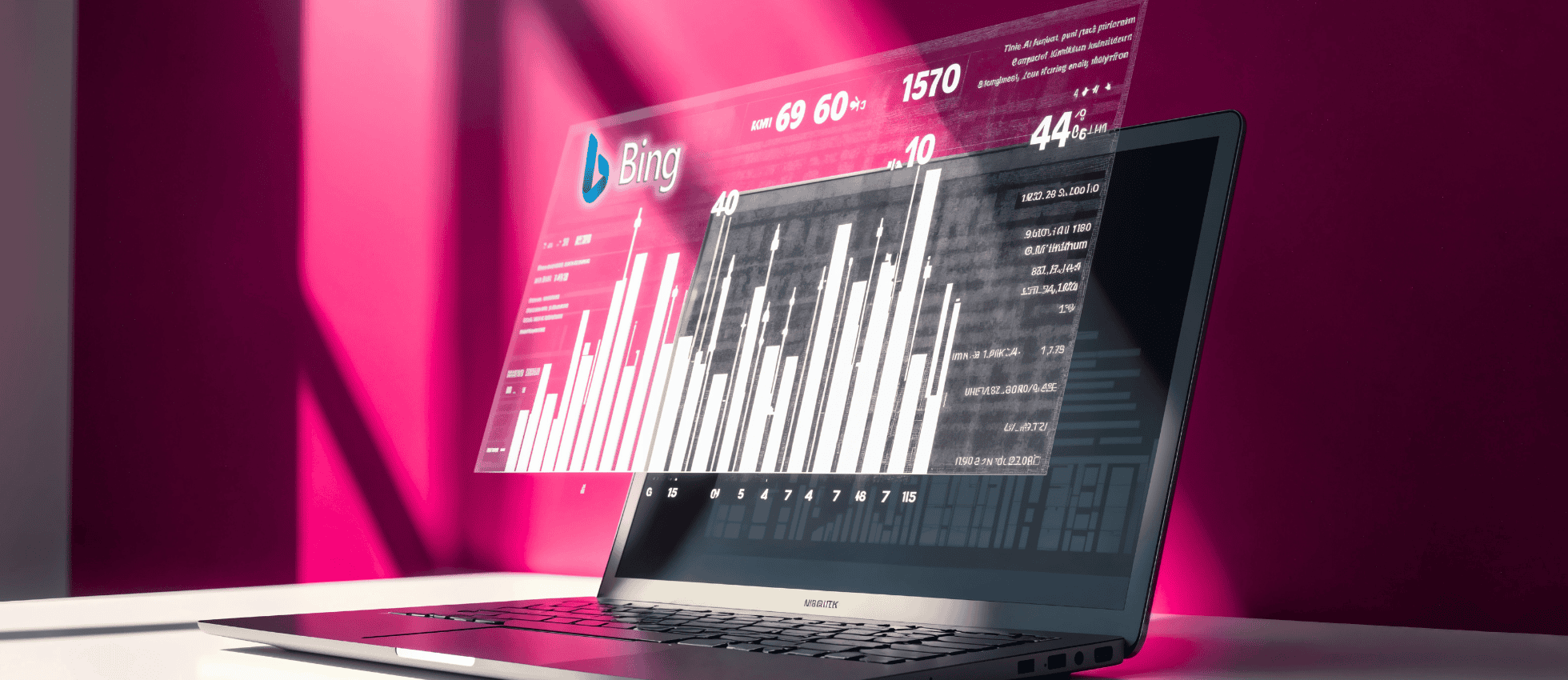 an image of a laptop with a screen of data coming out and a bing logo