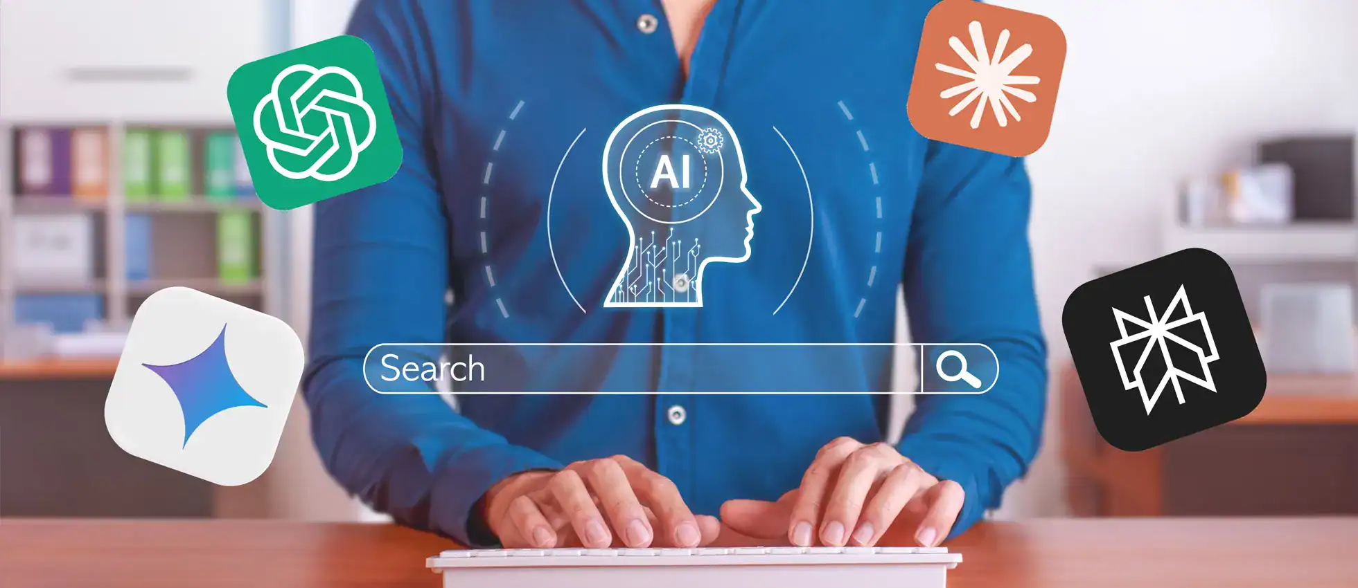 image of a man searching on a computer with AI program logos floating around him