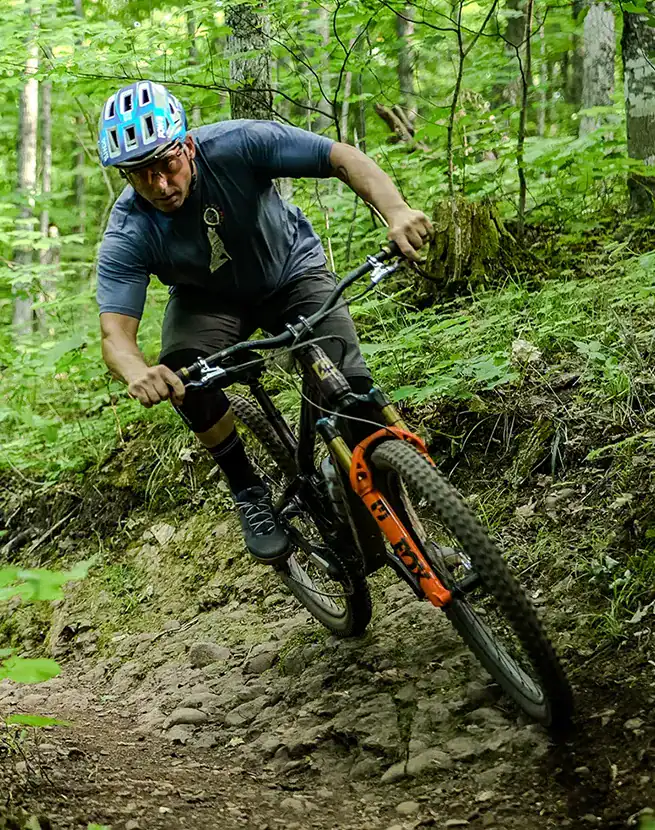 an image of a mountain biker in a forest